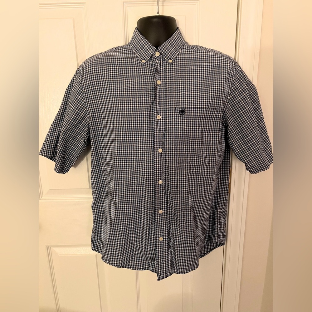 5/$25 Timberland White Blue Check Short Sleeve Button Down Shirt Size S